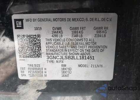 2020 Chevrolet Trax Fwd Lt из США, поврежденный, VIN 3GNCJLSB2LL181451